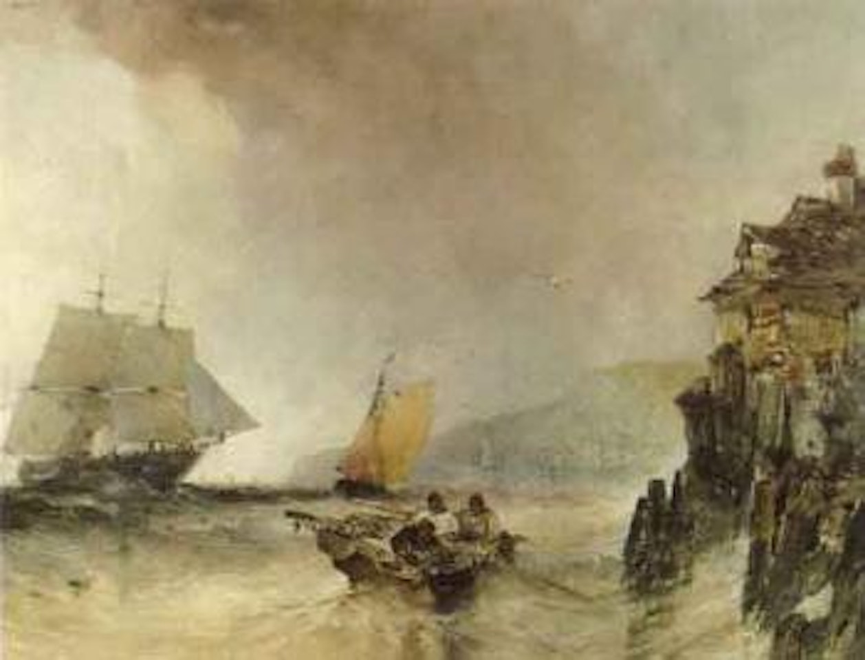Entering port, figures in a small rowing boat other fishing boats nearby by William Callow