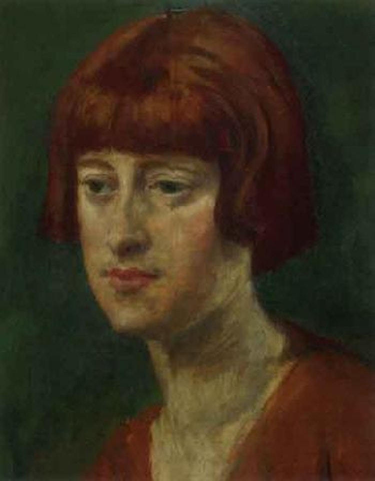 Portrait of Lydia Sherwood, wearing orange dress by Augustus Edwin John