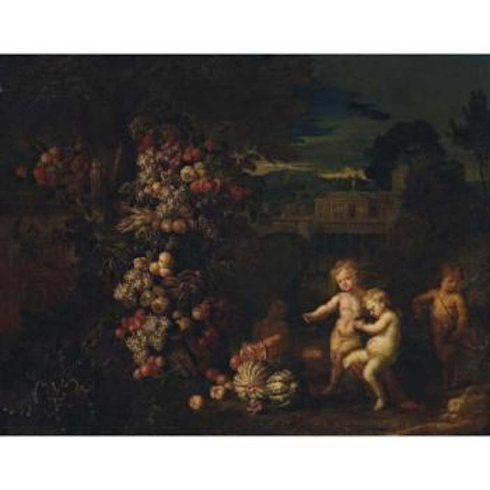 Palace garden with festoons of fruit and putti by Jan Pauwel Gillemans