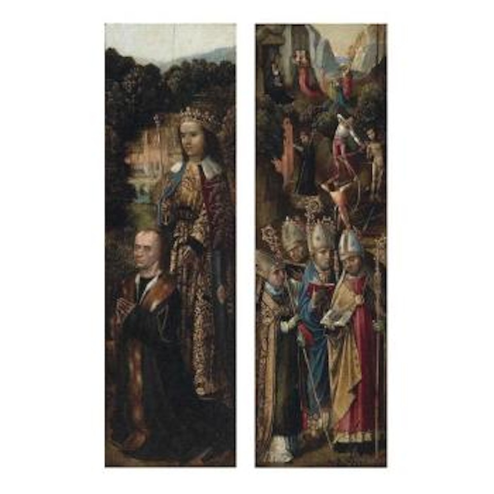 Bishop before a landscape with martyrdom of St. Sebastian, kneeling maL28le donor with female monarch by Netherlandish School