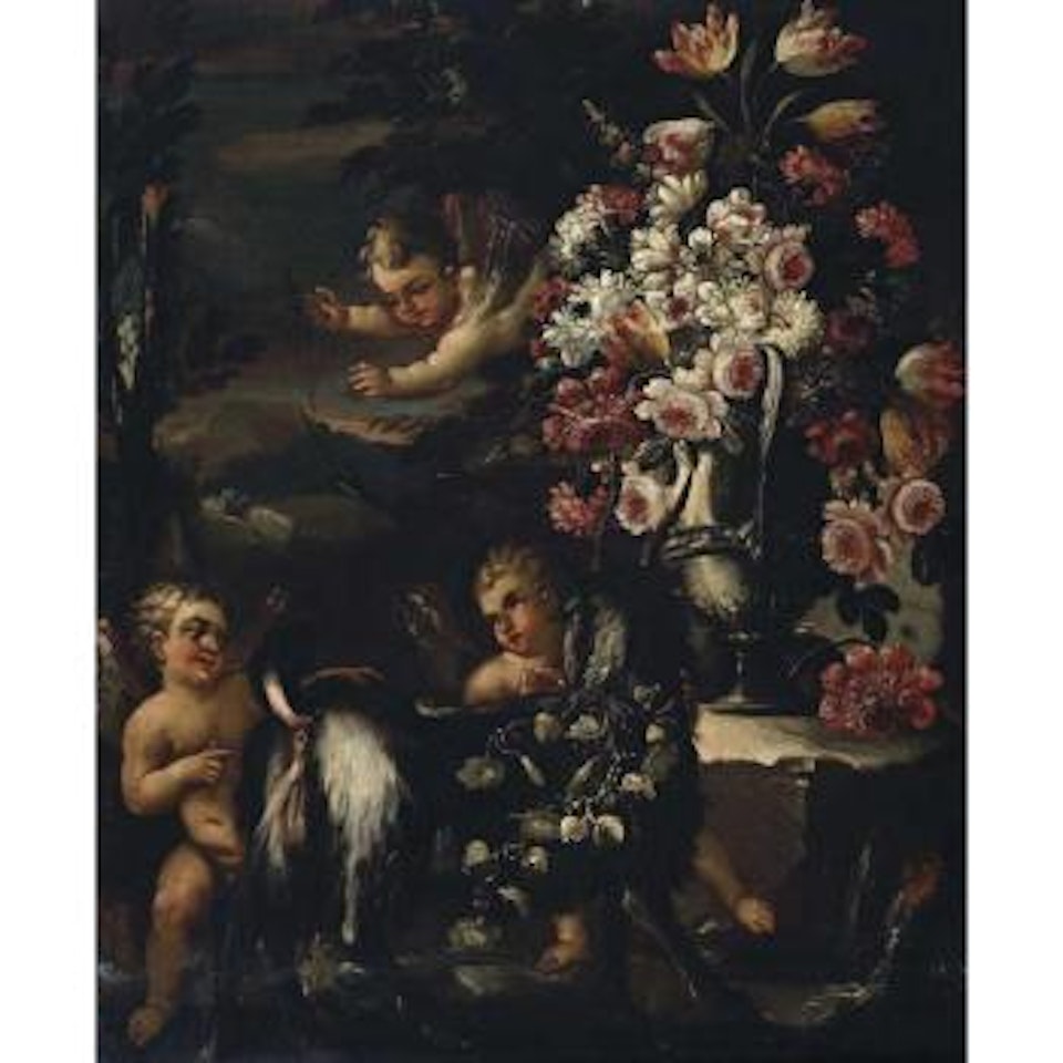 Still life with a vase of flowers and putti in a landscape by Abraham Brueghel