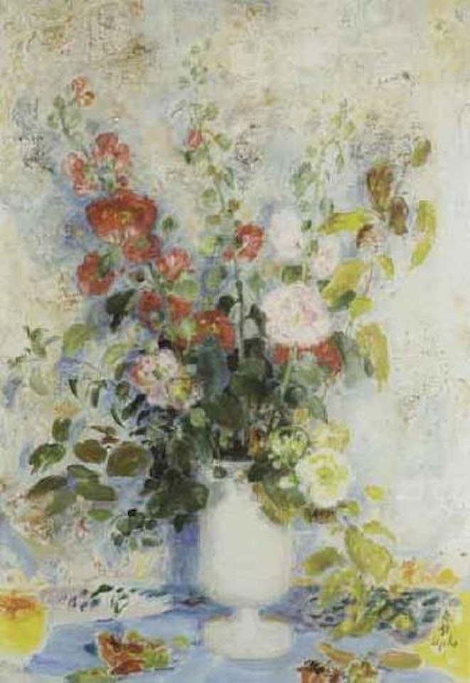 Hollyhocks in a white vase by Le Pho