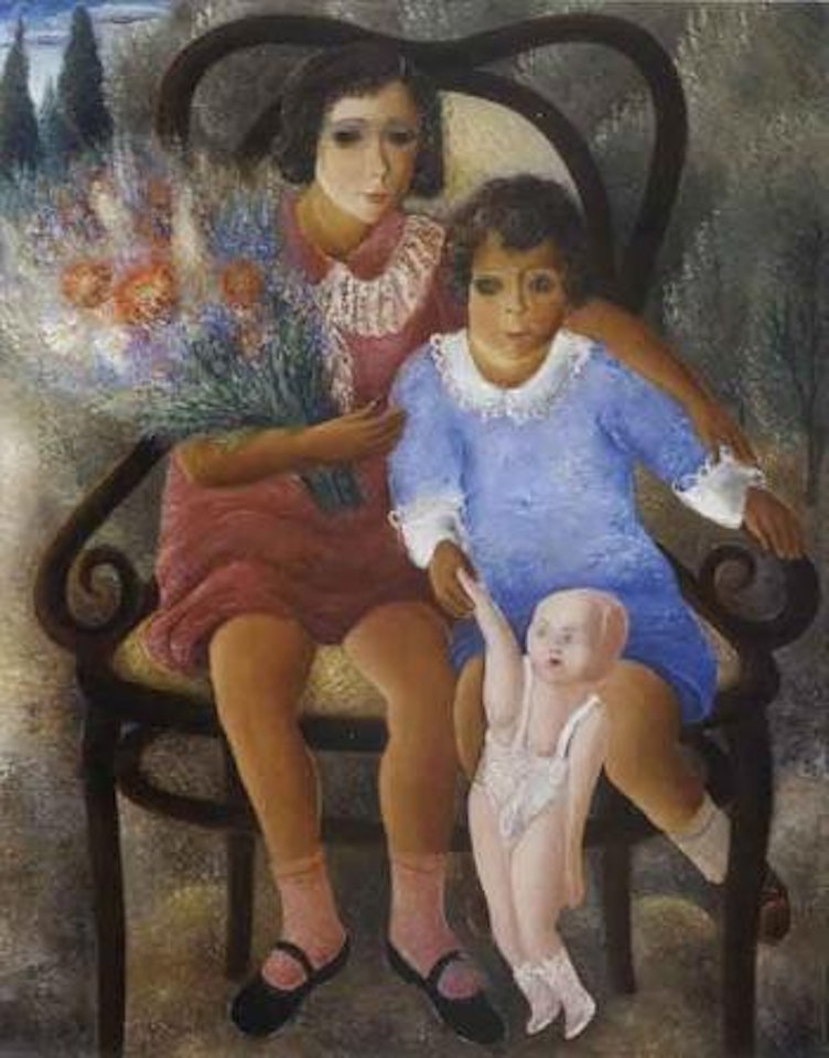 Two girls with a bouquet of flowers and a doll by Reuven Rubin