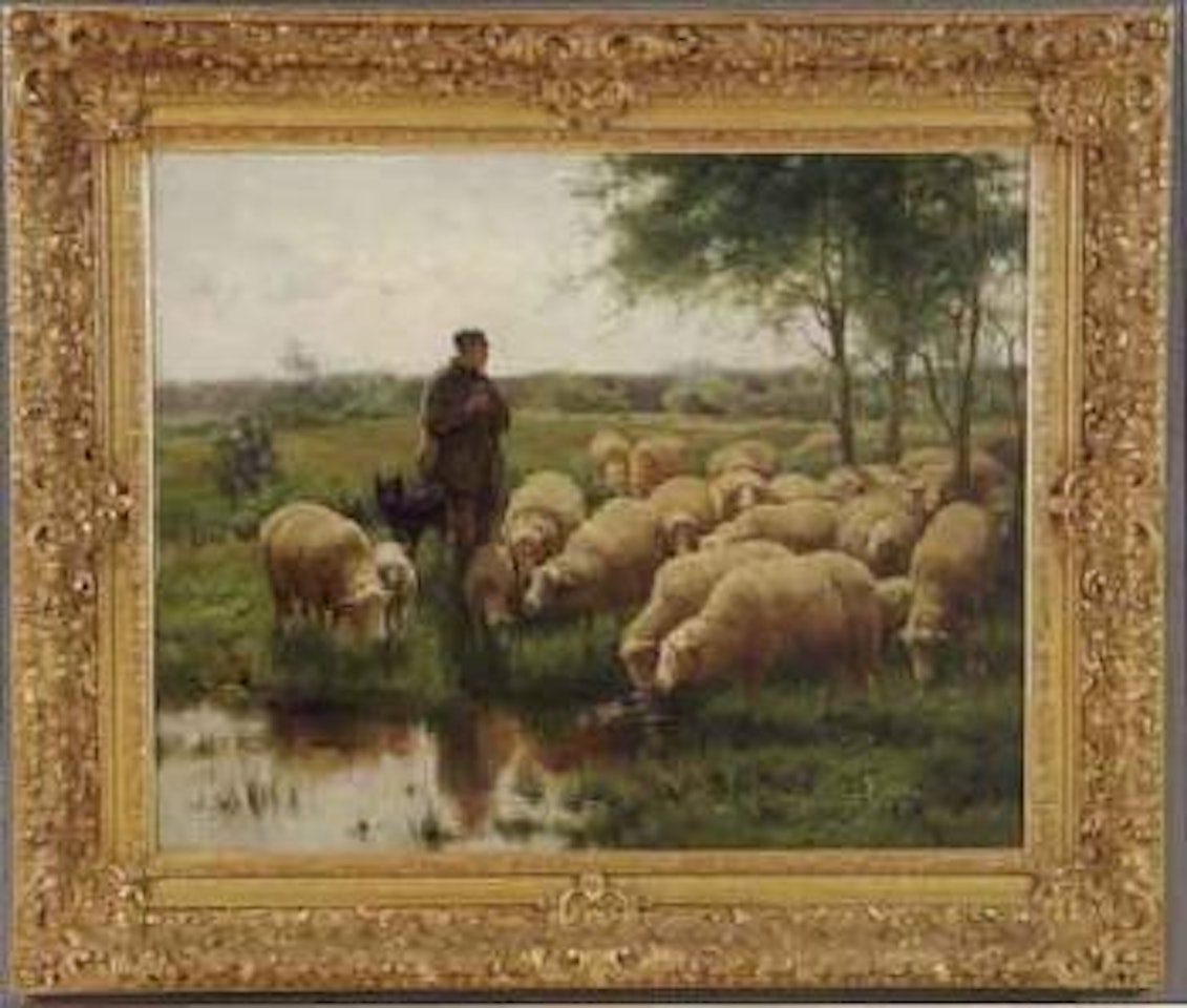 Shepherd watering his sheep by Frans de Beul