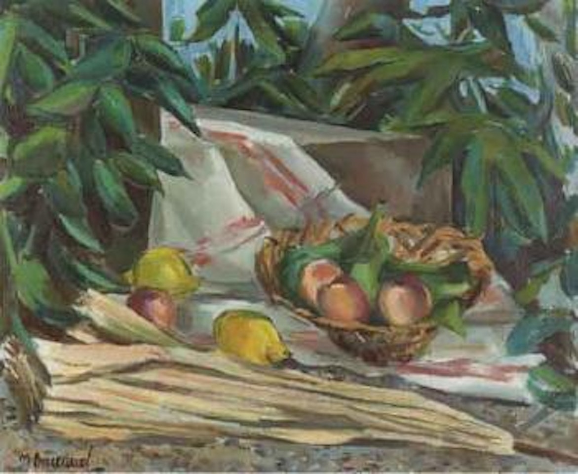 Still life of fruit and umbrella by Maurice Barraud