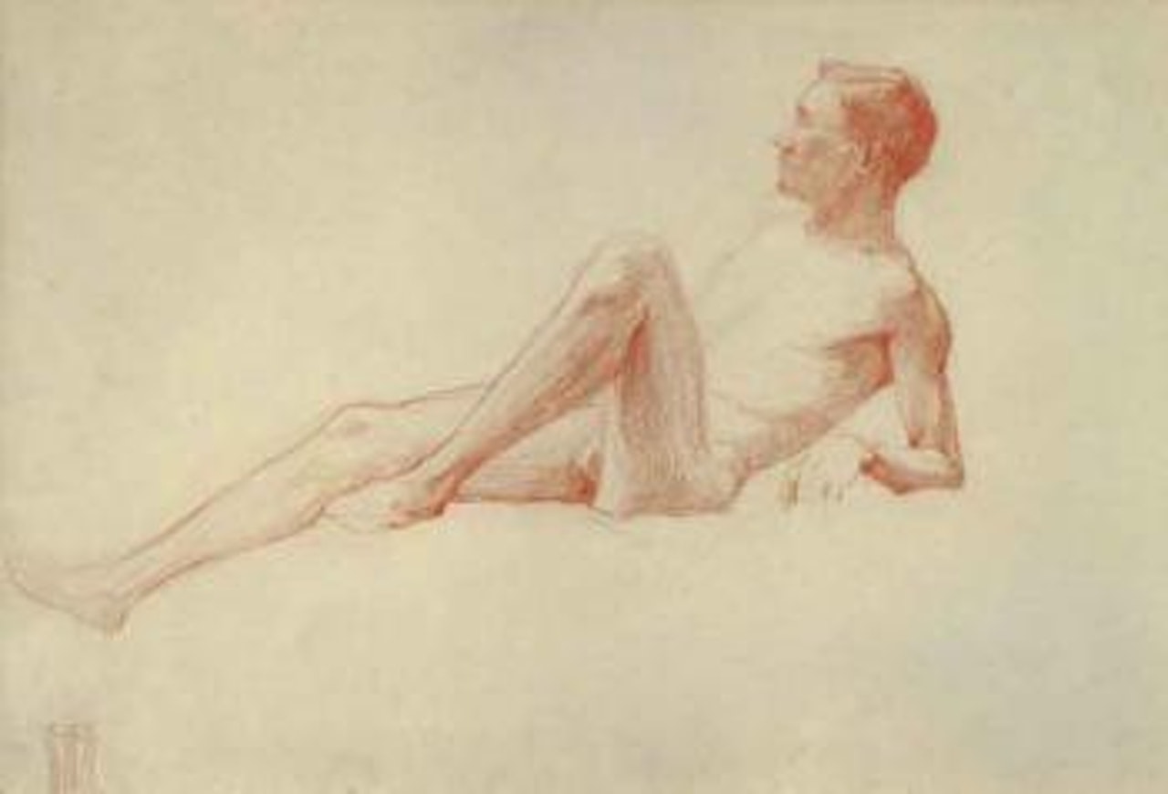 Male nude, propped up on his elbows by Egon Schiele