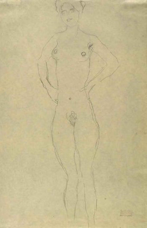 Standing female nude with her hands on her hips by Gustav Klimt