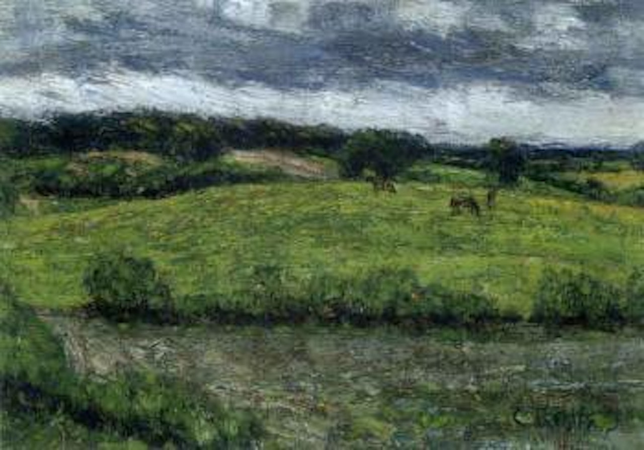 Horses in a meadow, cloudy skies above by Christian Rohlfs