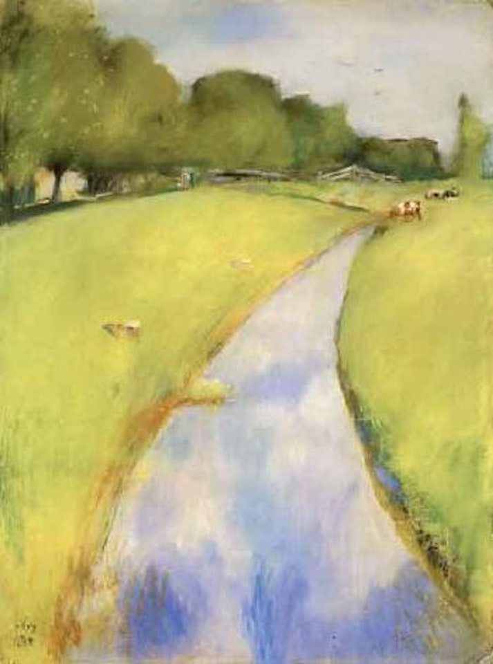 Landscape with cows beside a canal by Lesser Ury