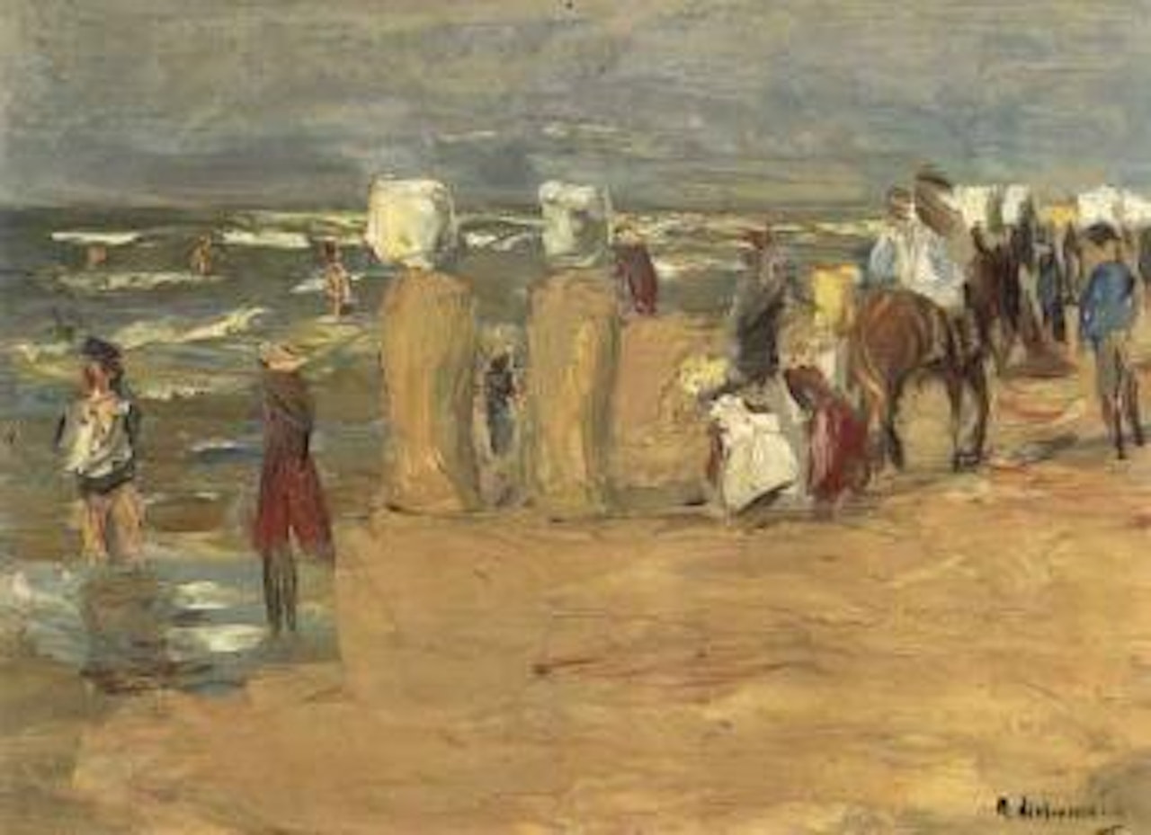Bathers on a beach, with a donkey and children playing, Scheveningen by Max Liebermann