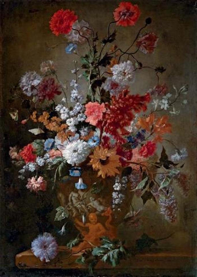 Flowers in classical urn on stone ledge by Franz Werner von Tamm