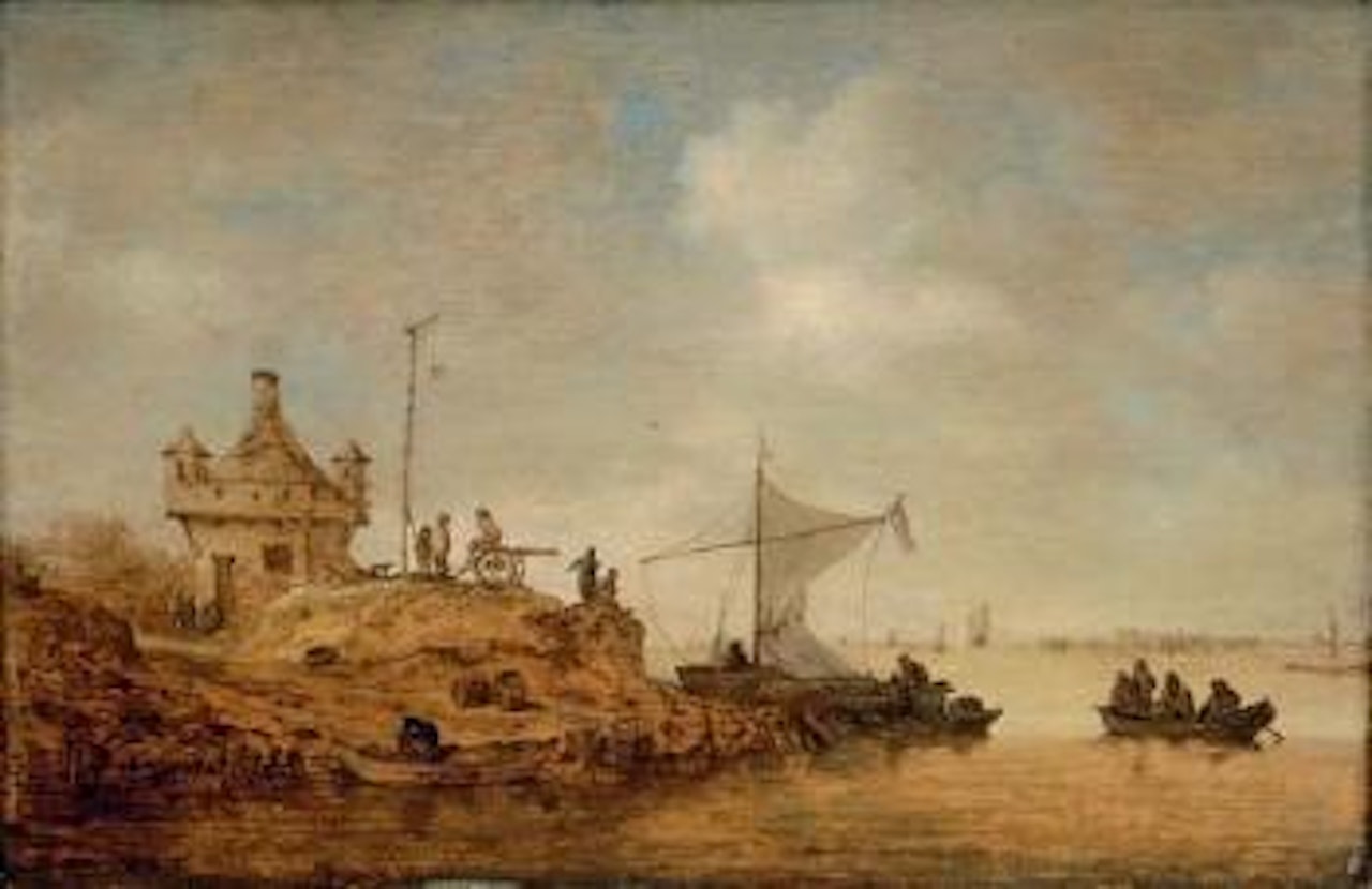 River landscape with a ferry crossing and peasants by a cannon by Jan van Goyen