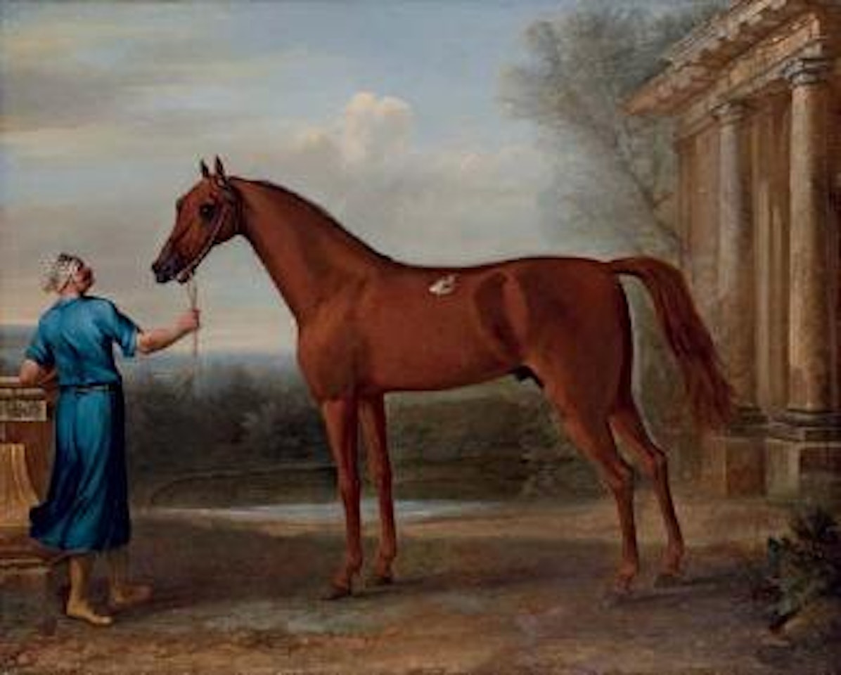 Mr. Charles Wilson's chestnut Arabian, held by a groom, beside a classL13ical building by John Wootton