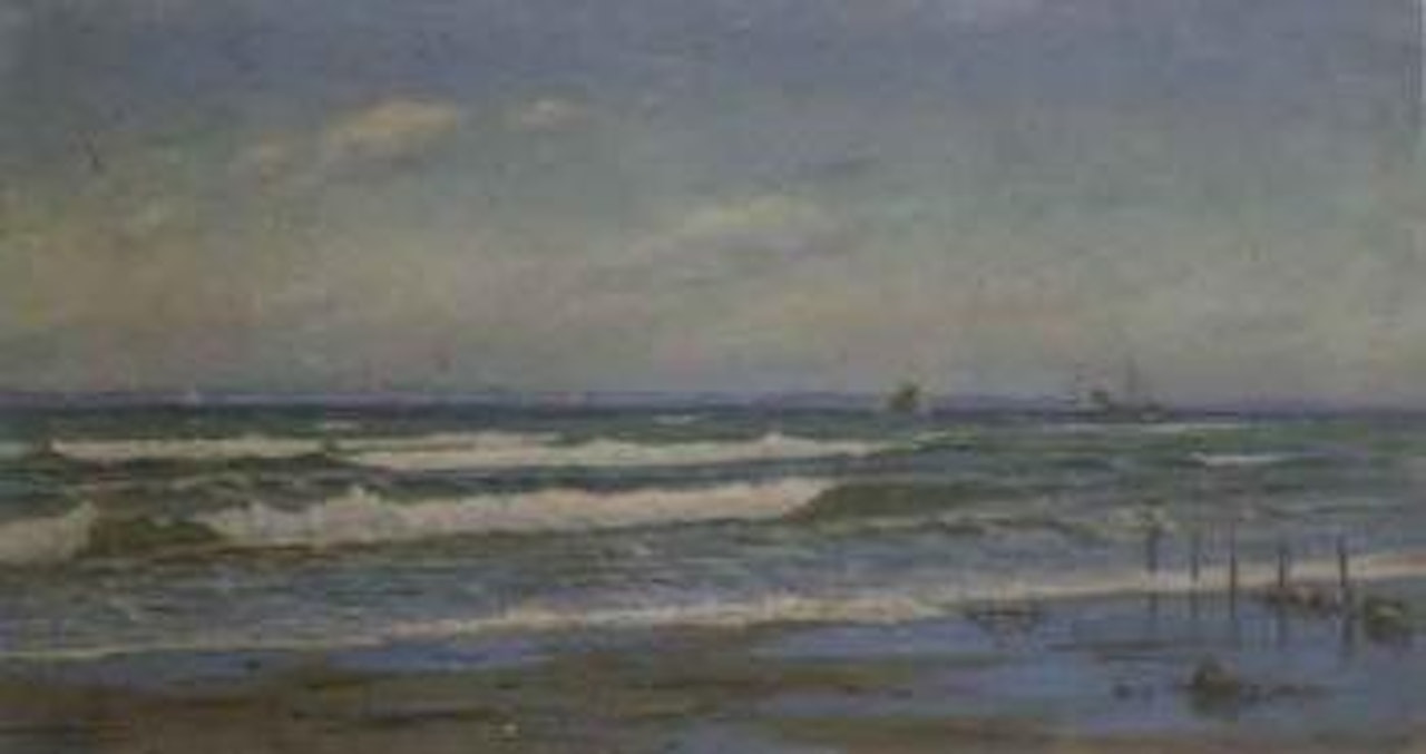 Coastal view from a shore with sailing vessels by Alfred Olsen