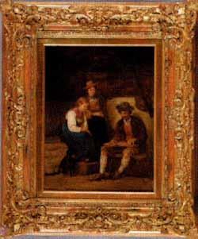 Peasant playing zither to two girls by Franz von Defregger