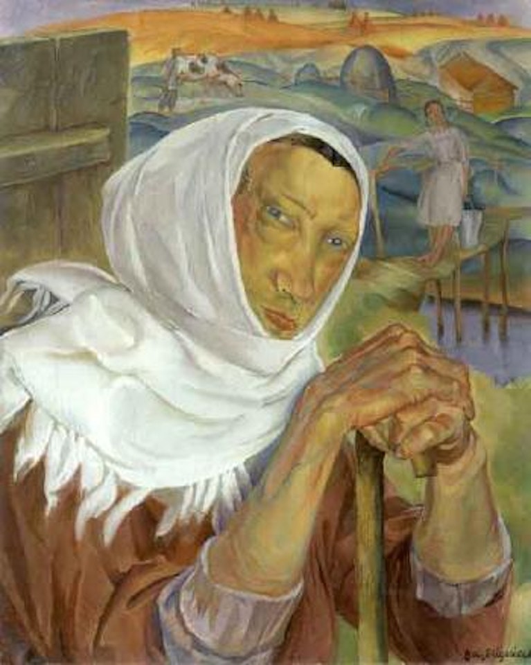 Portrait de paysanne dans la campagne 'Du cycle visage de Russie' by Boris Grigoriev