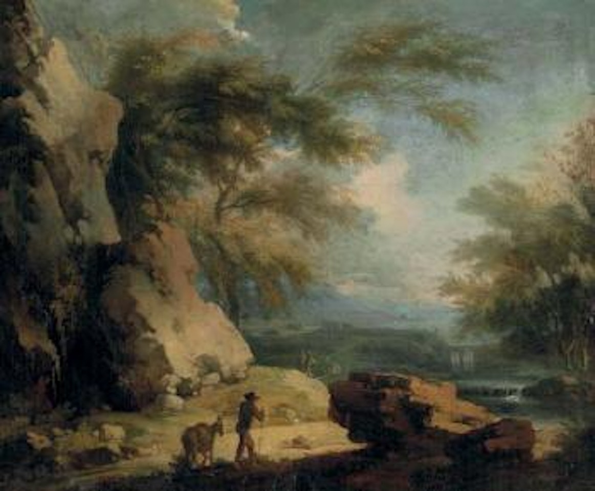 Travelers on a rocky path, an extensive landscape beyond by Italian School
