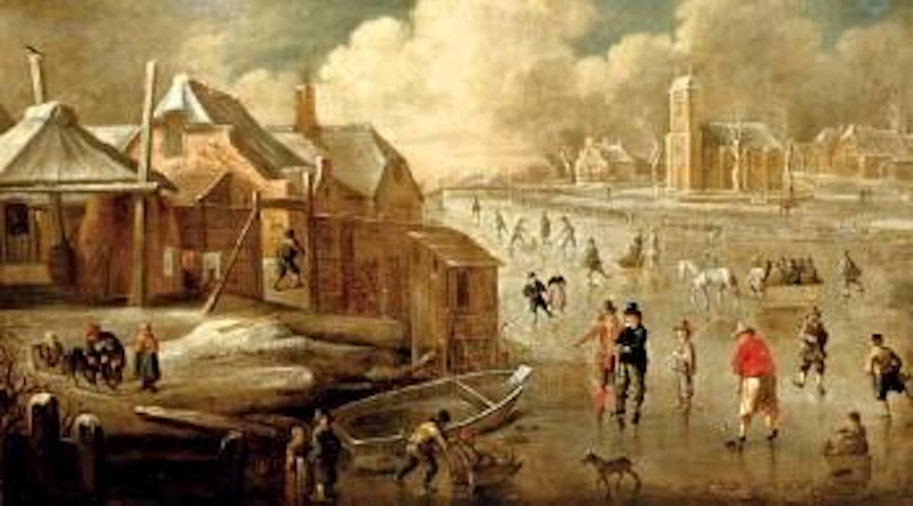 A frozen canal with skaters and men playing kolf by Jan Abrahamsz. Beerstraten