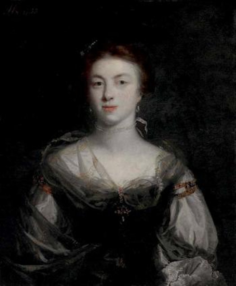 Portrait of a lady, half-length, in a brown dress, a guaze scarf and pearl necklace by Circle of Joshua Reynolds