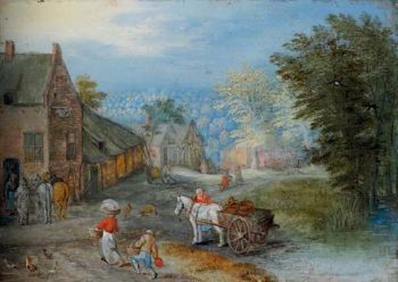 A village street with figures leading a horse and cart, an extensive wooded landscape beyond by Jan Brueghel the Younger