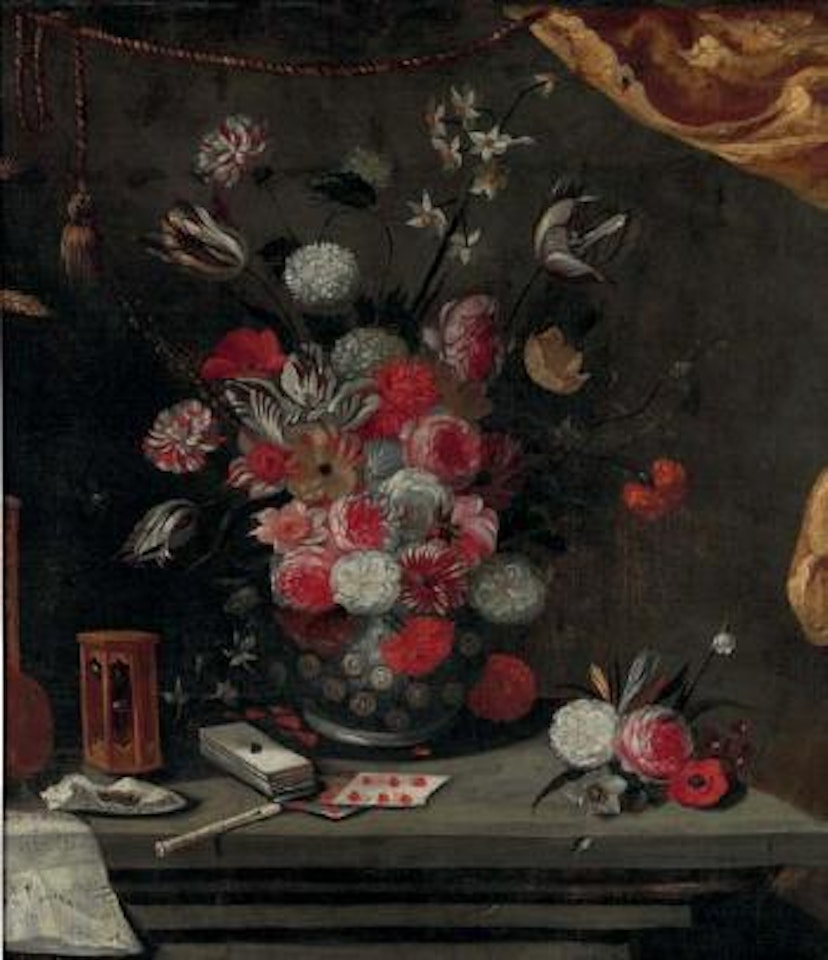 Tulips, roses, and other flowers in a vase, with a deck of cards, a flute and sheet music, on a table by Italian School