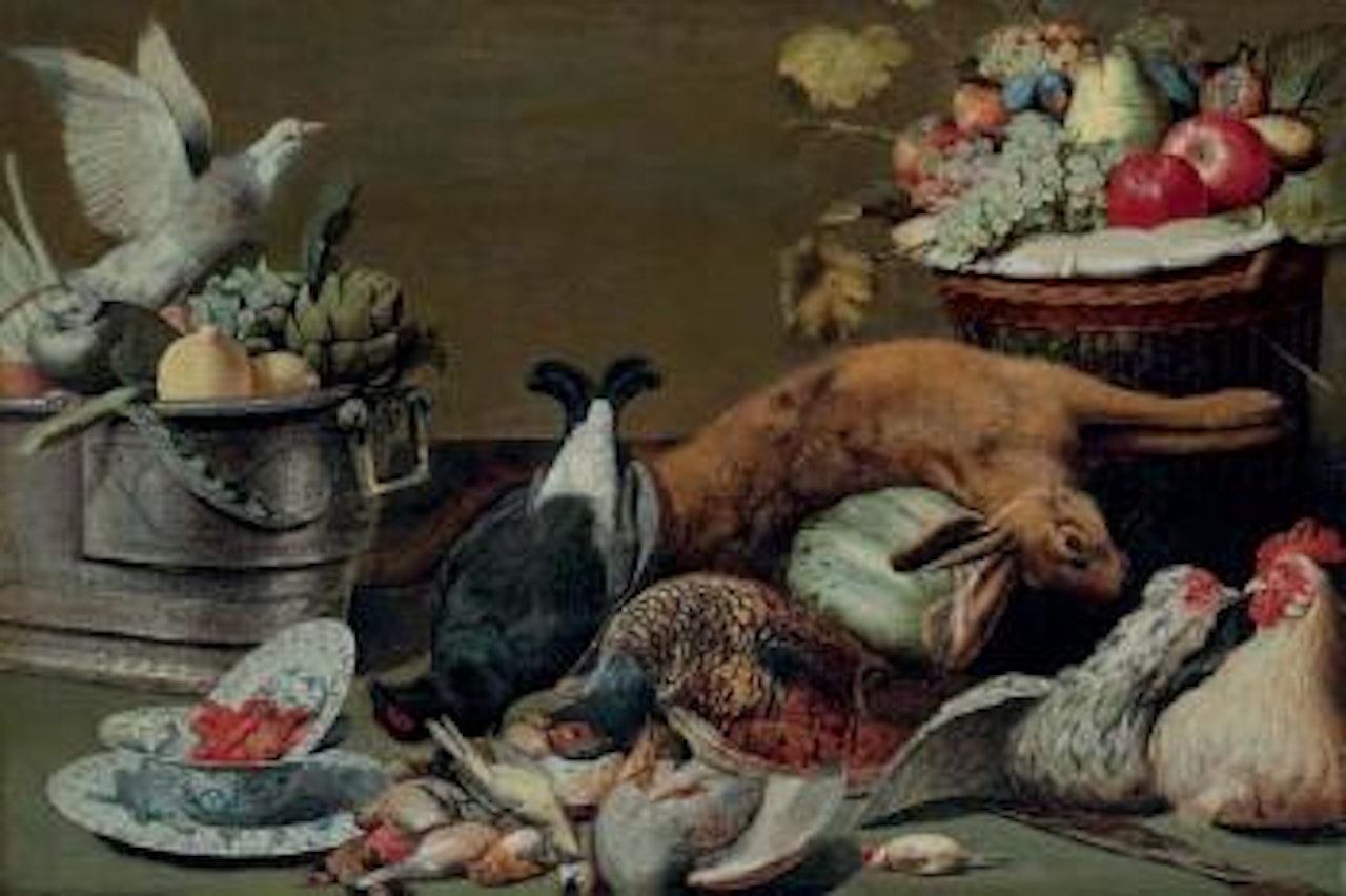 Artichokes, lemons and pigeons in a silver tureen, crayfish in a Wan-li bowl,game and fruit in a basket by Frans Snyders