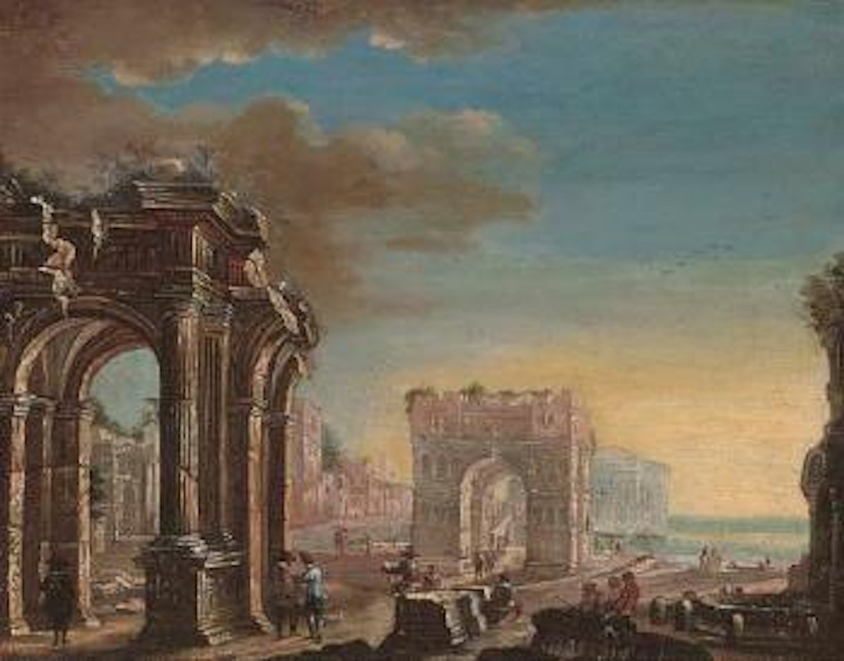 A capriccio of classical ruins with elegant figures conversing in the foreground by Gennaro Greco