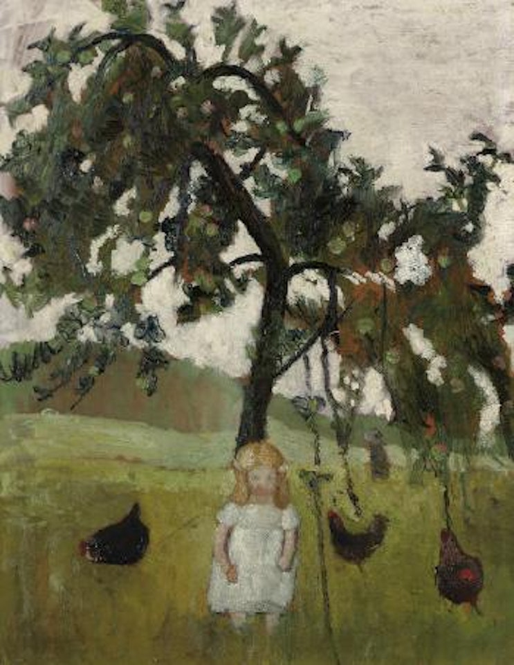 Elsbeth mit Hühnern unter Apfelbaum by Paula Modersohn-Becker