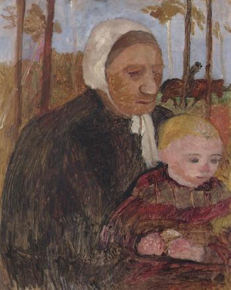 Bäuerin mit Kind, im Hintergrund ein Reiter by Paula Modersohn-Becker