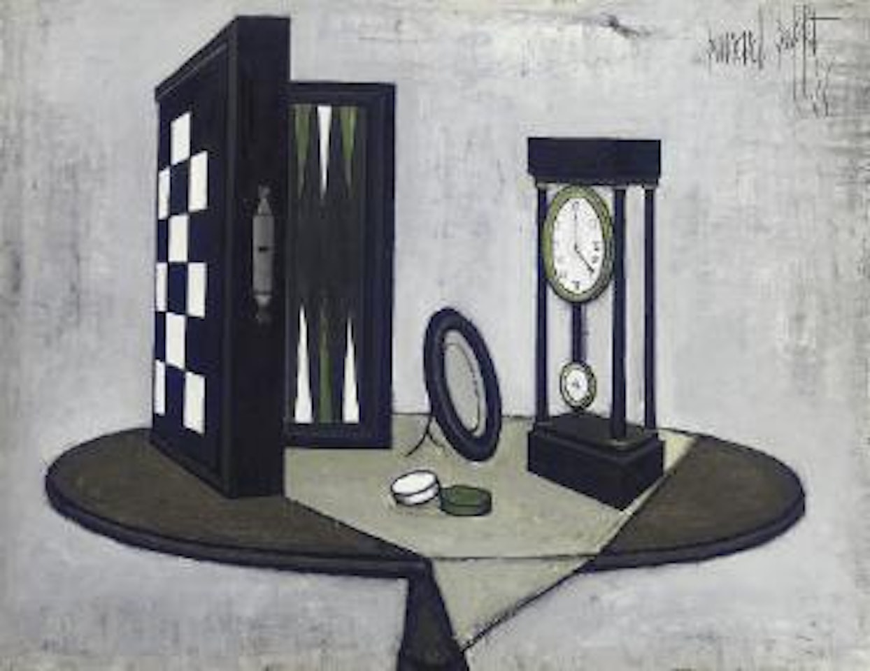 Jacquet et pendule sur un guéridon by Bernard Buffet