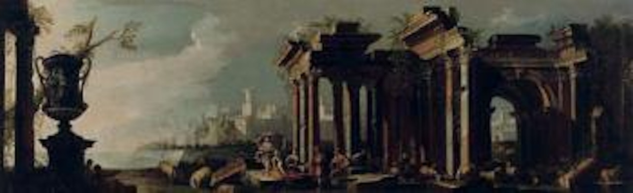 A 'capriccio' view of an Italianate coast with figures conversing among ancient ruins, a harbour town beyond by Viviano Codazzi