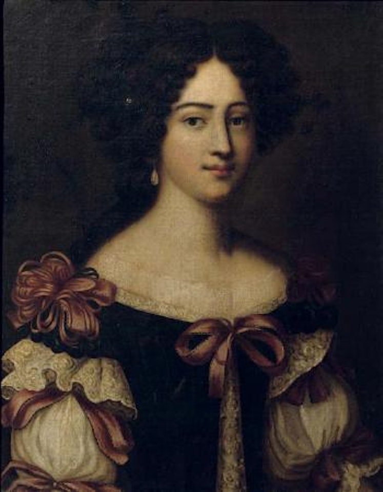 Portrait of a lady, said to be one of the Mancini sisters, half-length, in a blue dress with a white chemise, decorated wit red ribbons by Jacob Ferdinand Voet