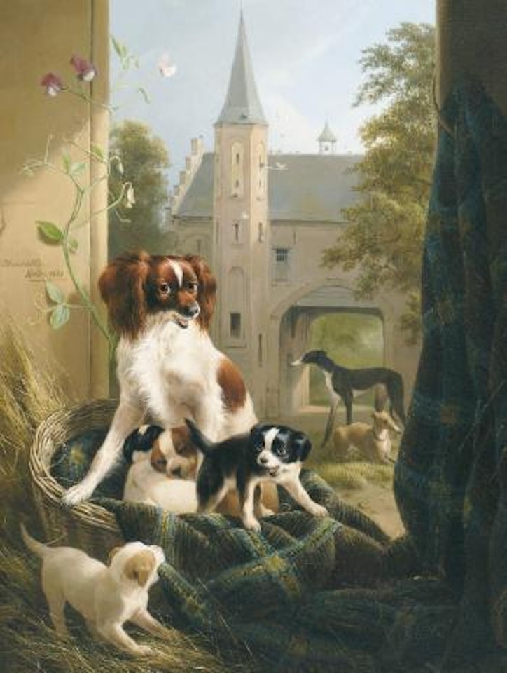 A mother and her litter in a castle court yard by Henriette Ronner-Knip
