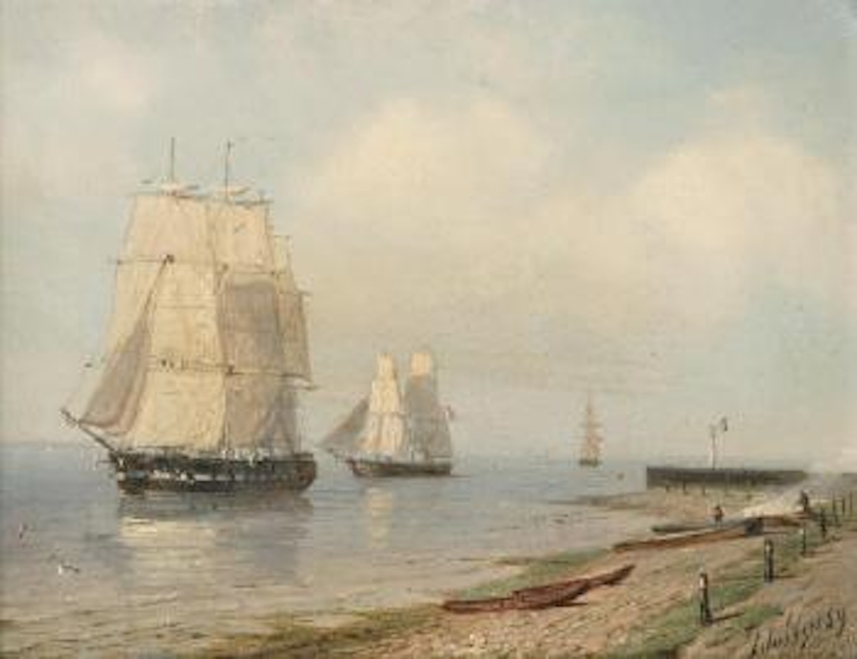 Sailingvessels along a shore by Peter Paulus Schiedges