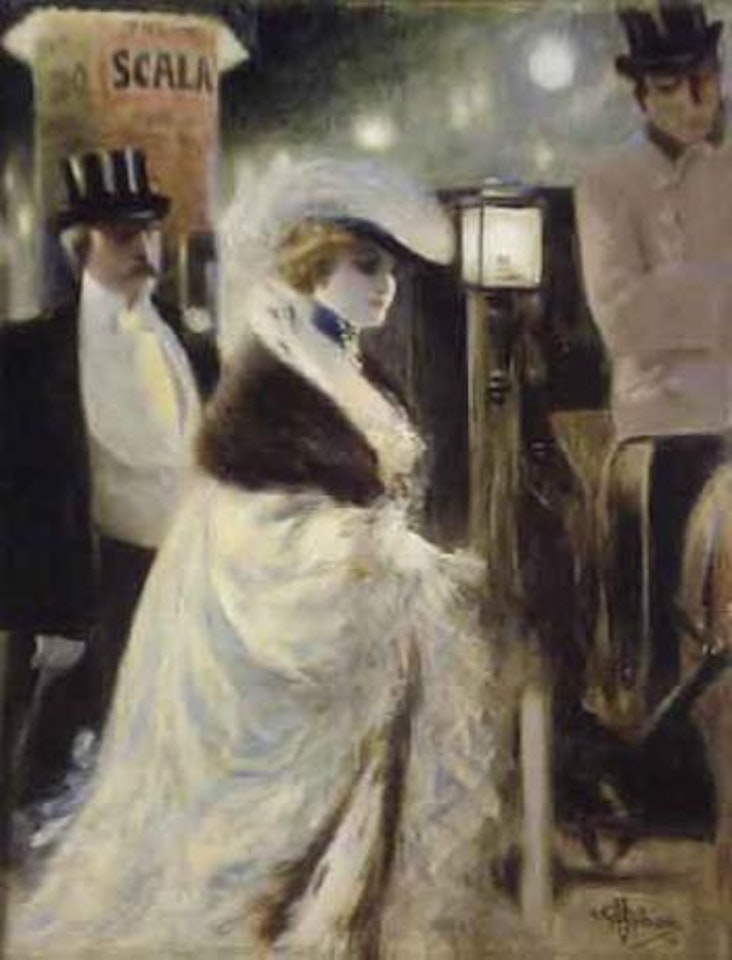 Couple d'elegants se rendant a la Scala by Albert Guillaume