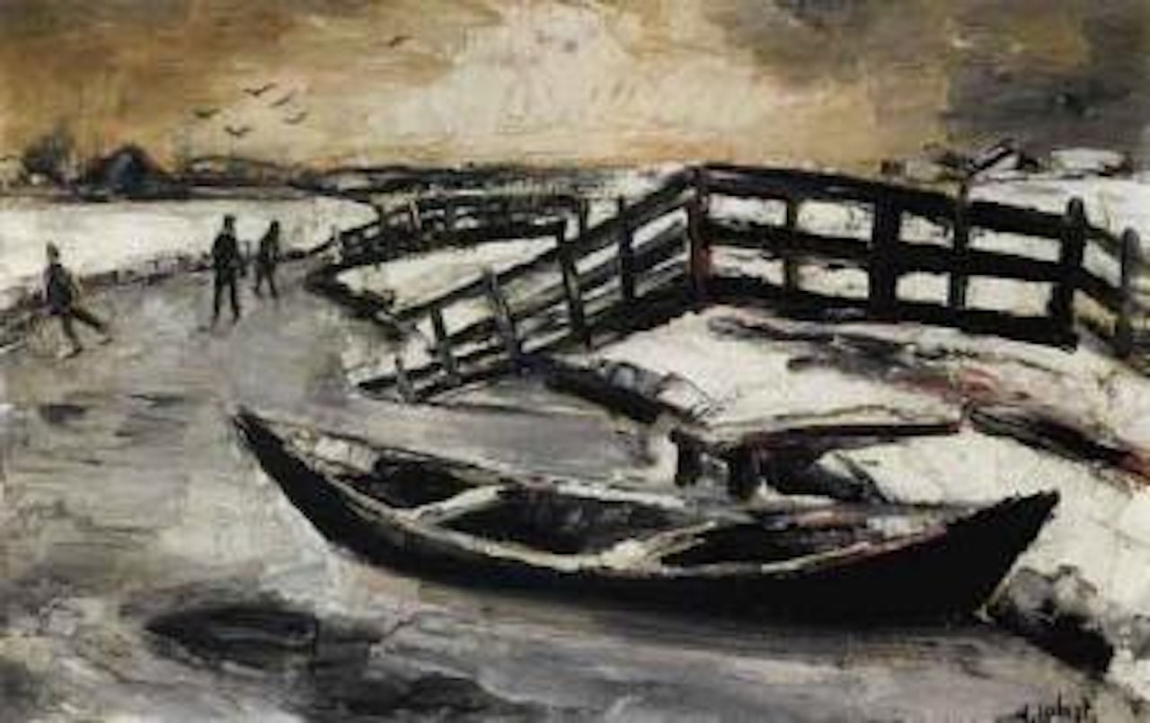 Skaters on a frozen waterway by Arnout Colnot