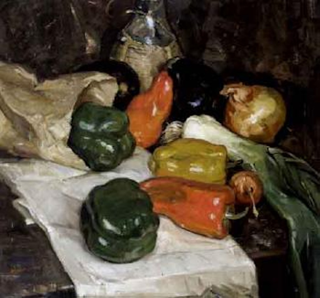 Still life with bell peppers, onions and eggplants by Maurice Logan