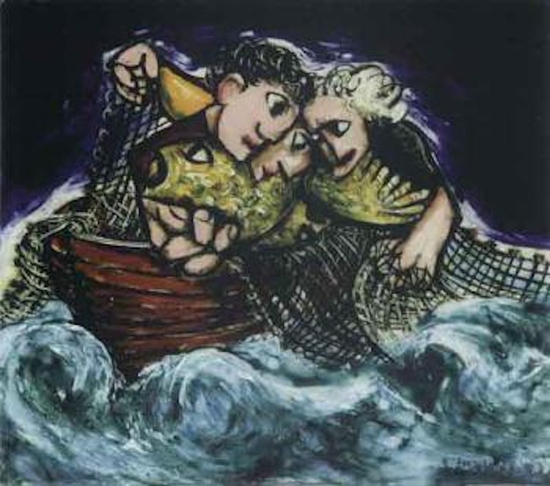 Three fishermen in a boat by Arthur Merric Bloomfield Boyd