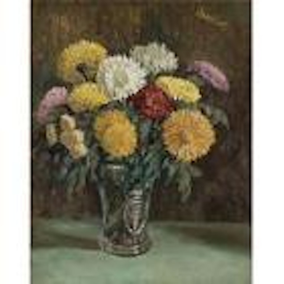 Chrysanthemums in cut glass vase by George Leslie Hunter