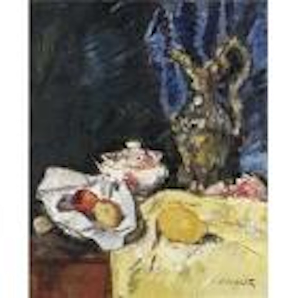 Still life with fruit, ewer and ecuellon yellow drape by George Leslie Hunter