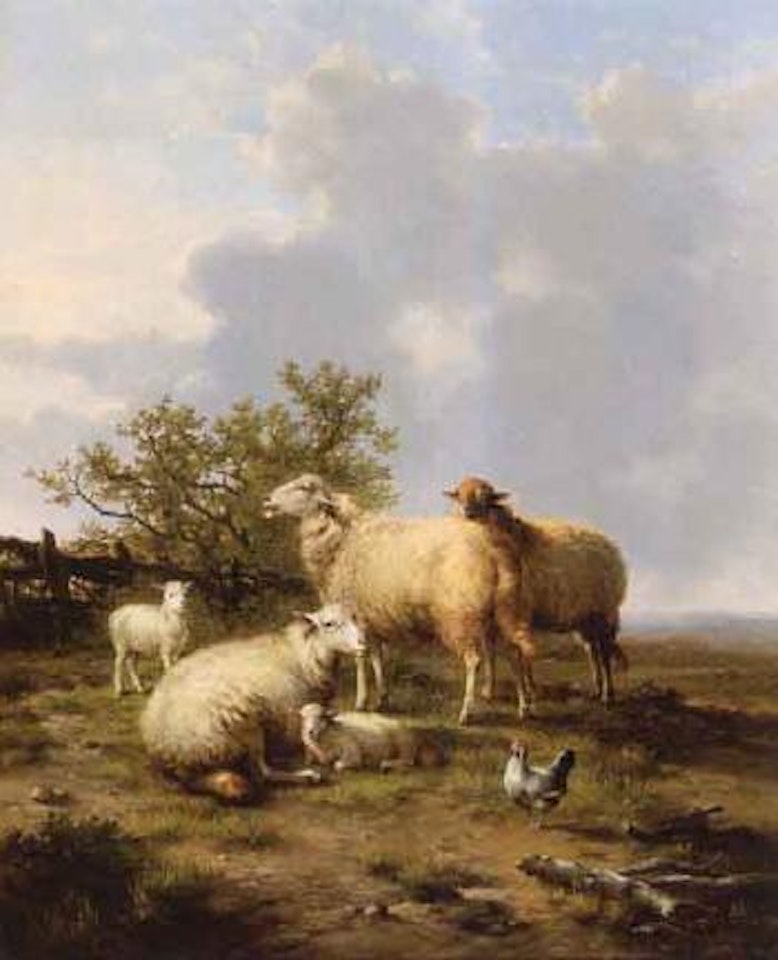 Three sheep, two lambs and hen in a landscape by Eugène Joseph Verboeckhoven