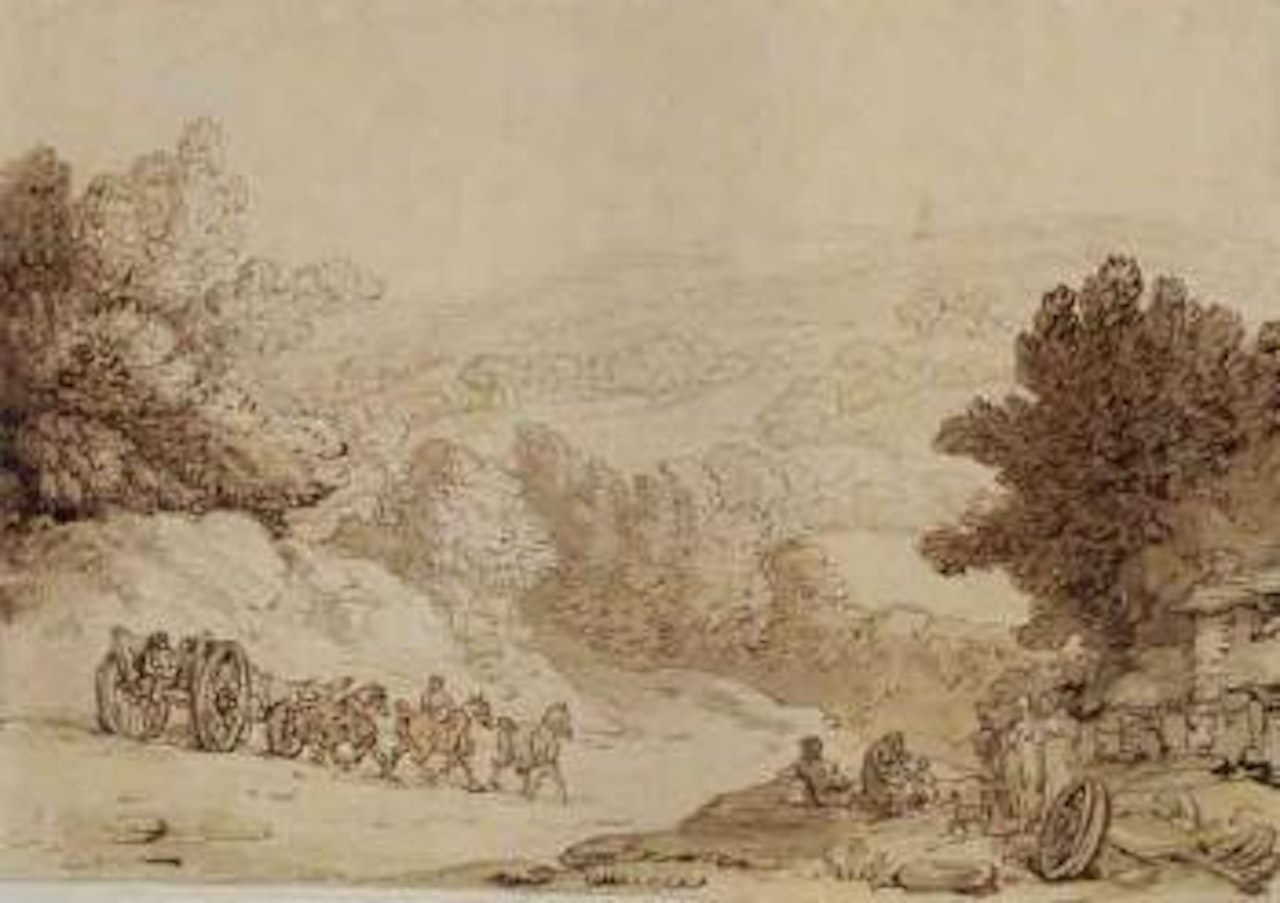 Wagon and horses passing a family on a wayside by Thomas Rowlandson
