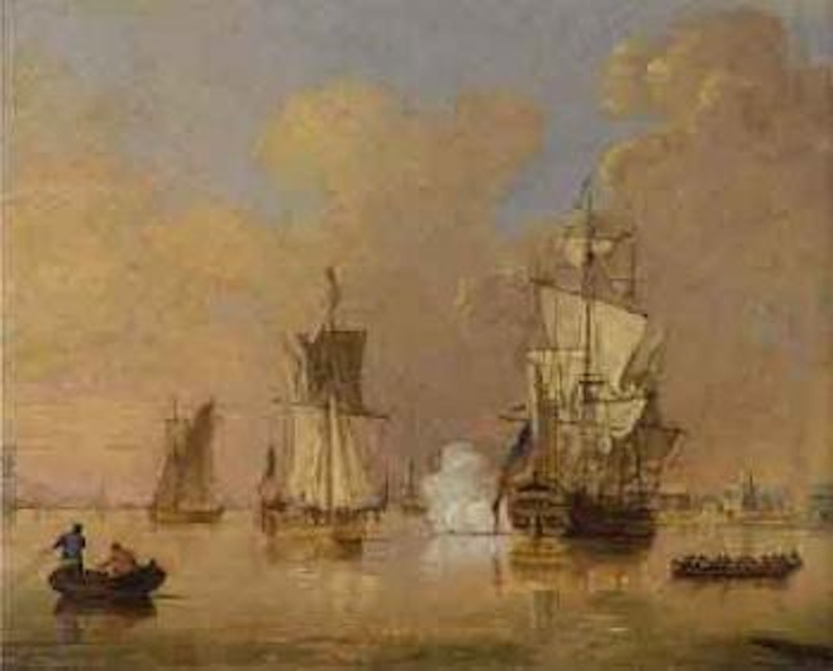 English man-o-war drying her sails off a port by Francis Swaine