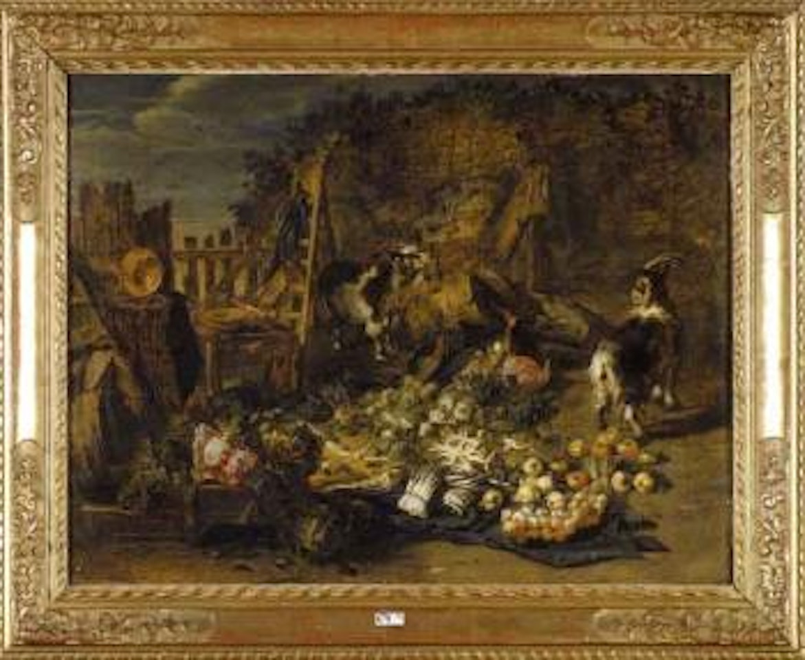 Chevres au milieu d'une jetee de legumes by Jan Van Kessel The Elder