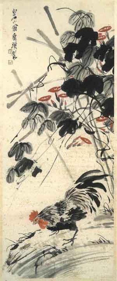 Coq et sauterelle sous les liserons et bambous by Qi Baishi