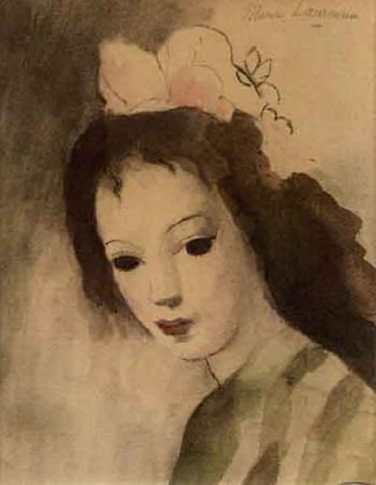Portrait de jeune fille au noeud rose et au corsage raye by Marie Laurencin