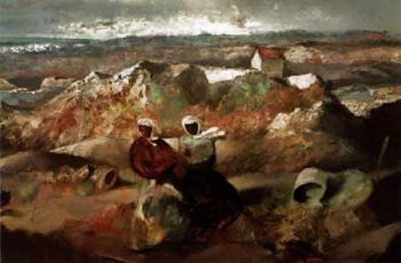 Crossing the dunes, coastal landscape with two countrywomen by Daniel O'Neill