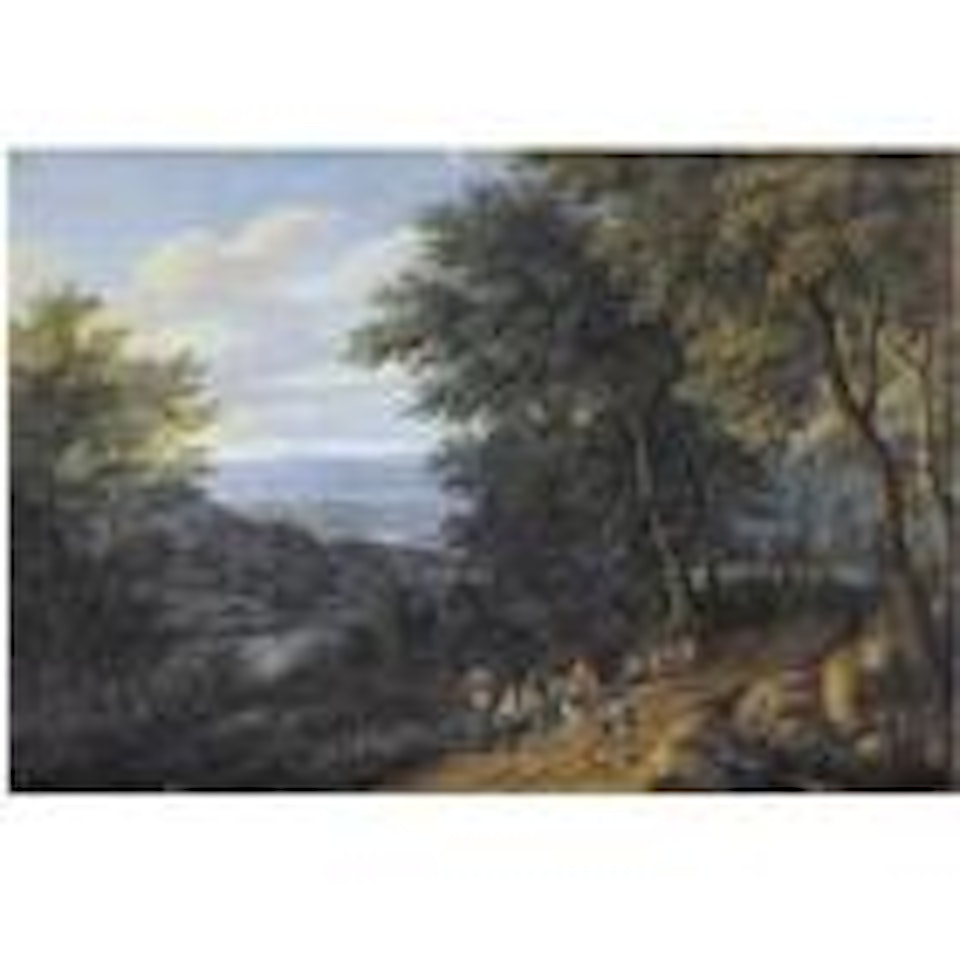 Wooded landscape with figures by Pieter Bout