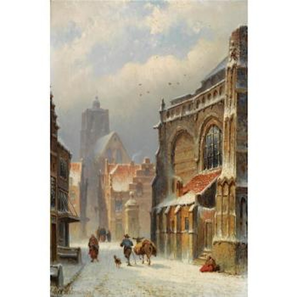 Figures in the streets of a wintry town by Eduard Alexander Hilverdink