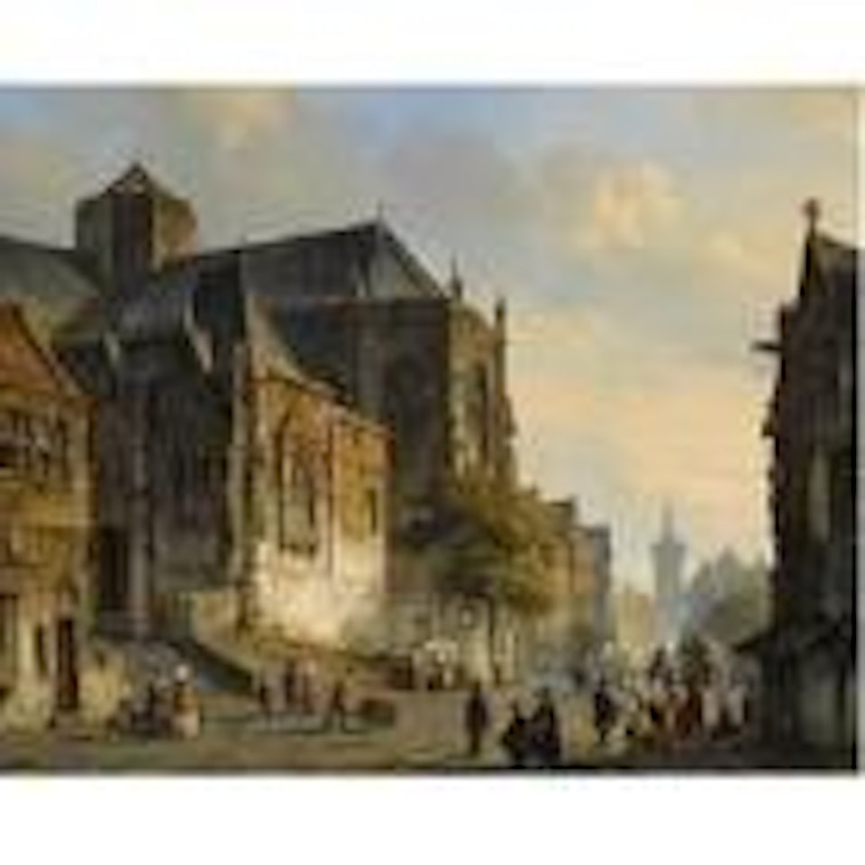 Figures on a market square in a Dutch town by Cornelis Springer